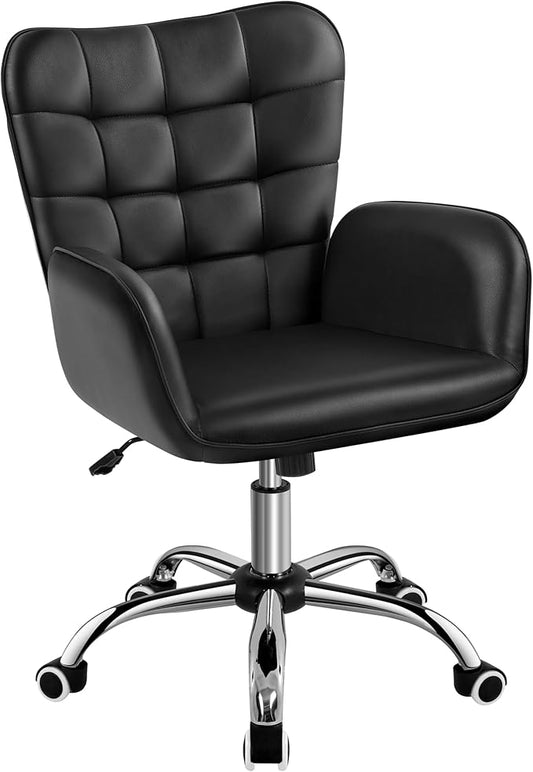 Yaheetech Modern Faux Leather Office Chair Ergonomic Adjustable Computer Chair with Wide Seat, Padded Armrests for Study, Bedroom Black