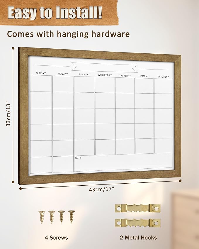 Small Dry Erase Monthly Calendar Whiteboard, Magnetic Surface White Board for Wall, Office/School/Home, Solid Pine Wood Rustic Brwon Frame Hanging Board & Planning Board, 13"x 17" (YL-RB-3343-B)