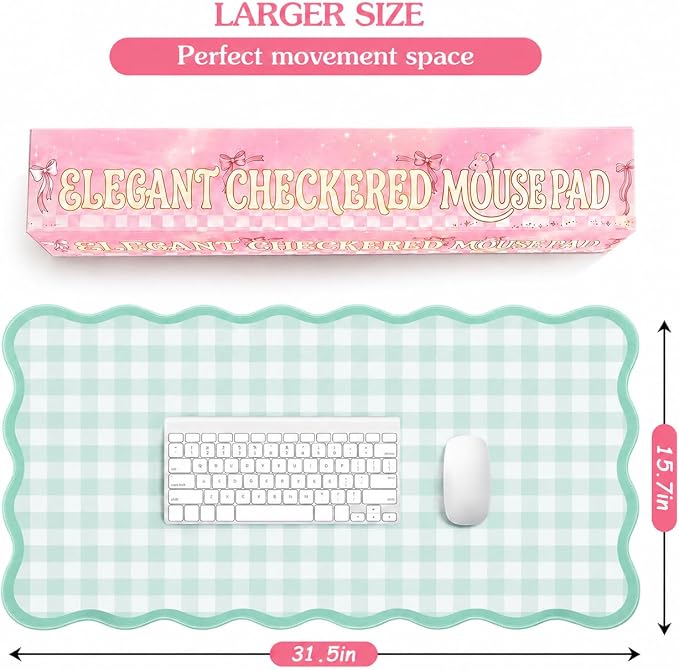Scalloped Gingham Pink Desk Mat,Large Cute Desk Pad for Keyboard Mouse,Girly Mouse Pad for Desktop Office