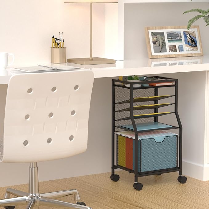 BOHDK Rolling File Cart, 6-Tier Desk File Organizer on Lockable Wheels, Black Wood Planks & Mesh Sliding Hanging Folder Drawer, Organization Cart for Office Home School