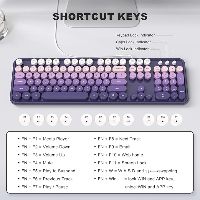 Computer Keyboard Wired, Plug and Play USB Retro Round Typewriter Keyboard, Full Size Wired Keyboard with Foldable Stands for Laptop and Office PC