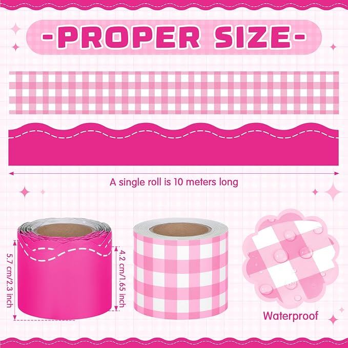 2 Rolls 65.6ft Hot Pink Gingham Bulletin Board Borders Decoration Pink Checkered and Straight Edge Bulletin Borders Board Trim for Office School Classroom Chalkboard Party Decoration