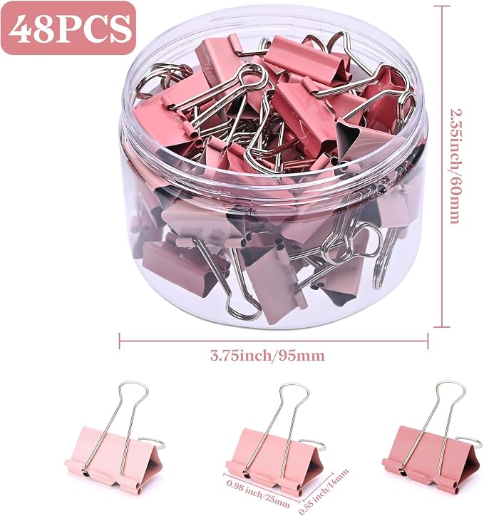 Temiary Binder Clips, Medium Metal Binder Paper Clip Pink 0.98Inch, 48 Pcs | Colored Binding Paperwork Clamp Bulk for Office, Home, School