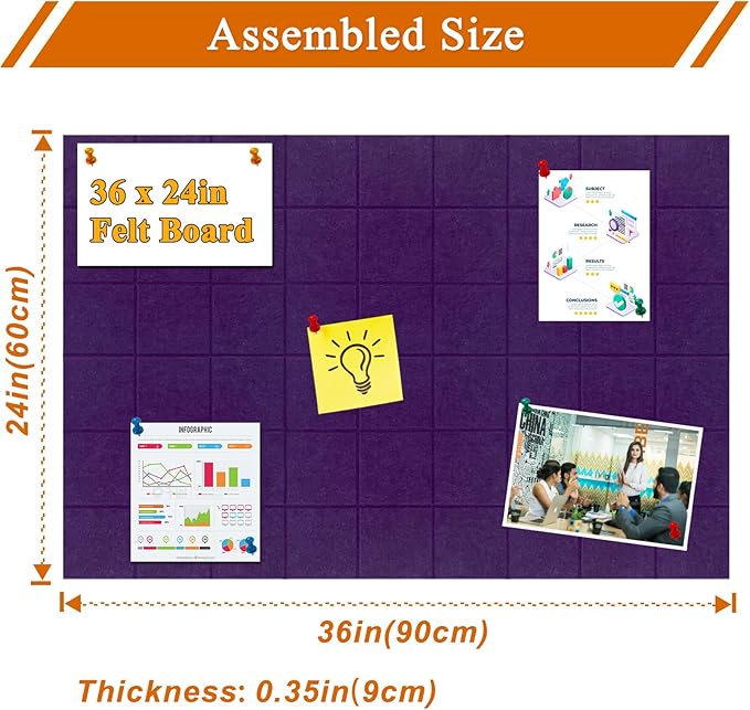 Large Square Felt Cork Board Tiles, Self Adhesive DIY Felt Bulletin Board Pin Board with 35 Pushpins for Office School Home Wall Decor Stickers Memos Photos Display (Purple)