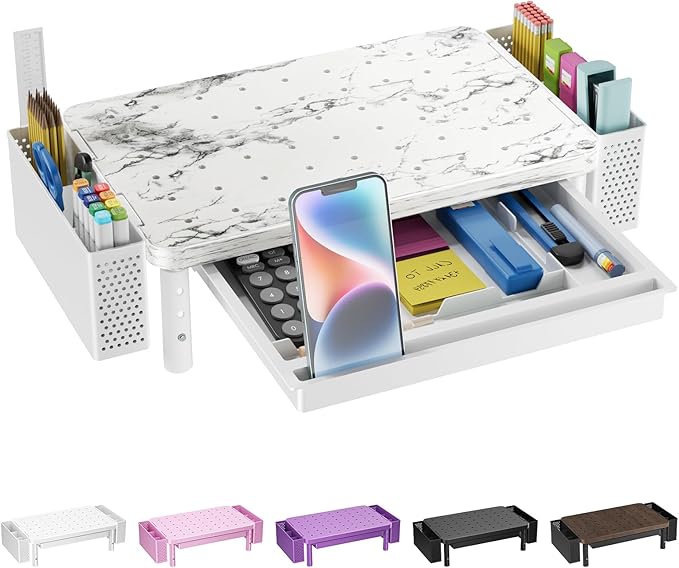 WALI Computer Monitor Stand with Storage and Pen Holder | 3 Height Adjustable Desk Organizer with Drawer, Desk Laptop Monitor Riser for Computer, Printer(PTT003-M), 1 Pack, Marble