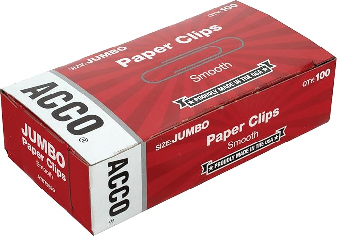ACCO Paper Clips, Jumbo, Smooth, 100 Clips/Box, 1 Box (72580)