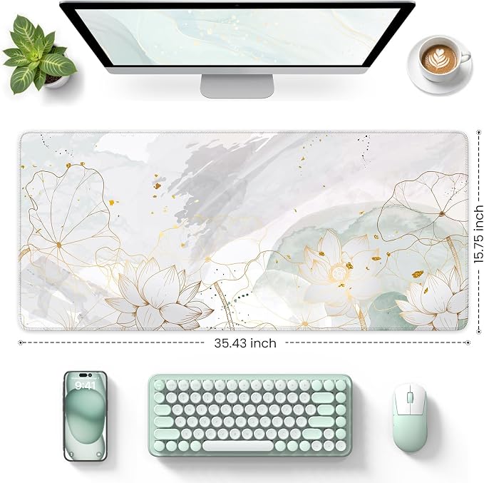 iCasso Desk Cover Mat, Extra Large Lotus Mouse Pad, Green Lotus Leaf | Desk Pad Mat, Office Matt for Desktop Protector, Anti-Slip XXL Big Mousepad with Stitched Edges for Laptop Computer Keyboard