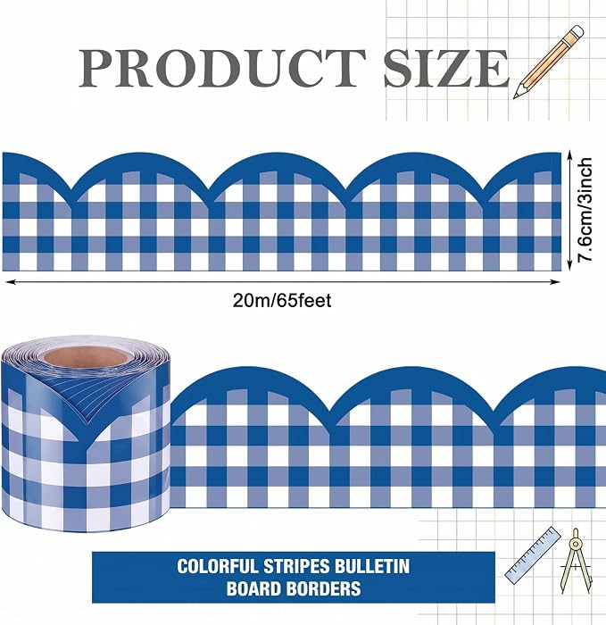 Zonon 65ft Navy Blue Gingham Bulletin Board Border Scalloped 3 Inches | Scalloped Edge Trim for Classroom Walls, Whiteboards, Desks, Windows, Doors, Lockers, Back to School Decoration Supplies