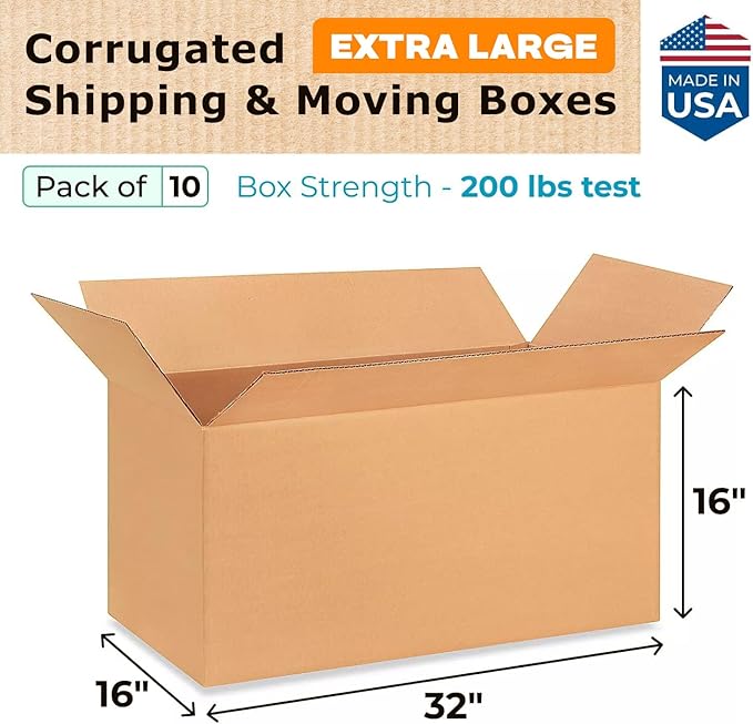 Extra Large Shipping & Moving Boxes 32x16x16 inches (10-Pack) - Extra Strength 200 lb vs Regular - USA-Made Corrugated Heavy Duty Moving Boxes - Box for Moving & Relocating by IDL Packaging