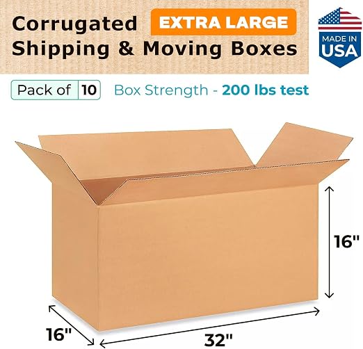 Extra Large Shipping & Moving Boxes 32x16x16 inches (10-Pack) - Extra Strength 200 lb vs Regular - Corrugated Heavy Duty Moving Boxes - Box for Moving & Relocating by IDL Packaging | Extra Strength 200 lb vs Regular - Corrugated Heavy Duty Moving Boxes...