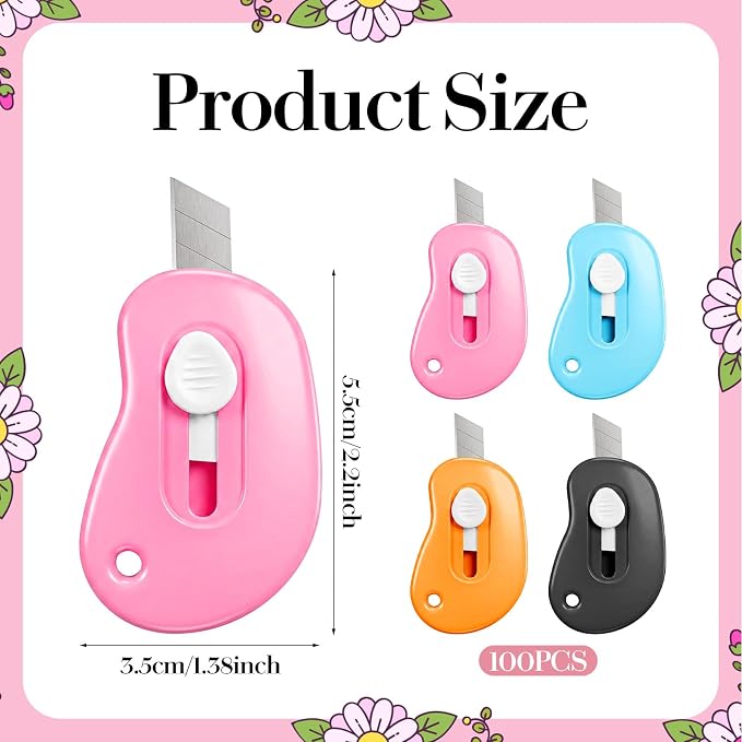 100 Pcs Mini Retractable Box Cutter Bulk, Mini Box Cutter Retractable Utility Knife Set, Small Utility Knife for Office, School, DIY Crafts, Package Opening (4 Colors)