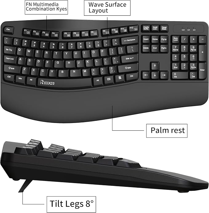 RECCAZR Ergonomic Keyboard, Wired Computer USB Keyboard with Wrist Rest | Spill-Resistant, Wave Keys for Natural Typing, Compatible with Windows/PC/Laptop(Black)