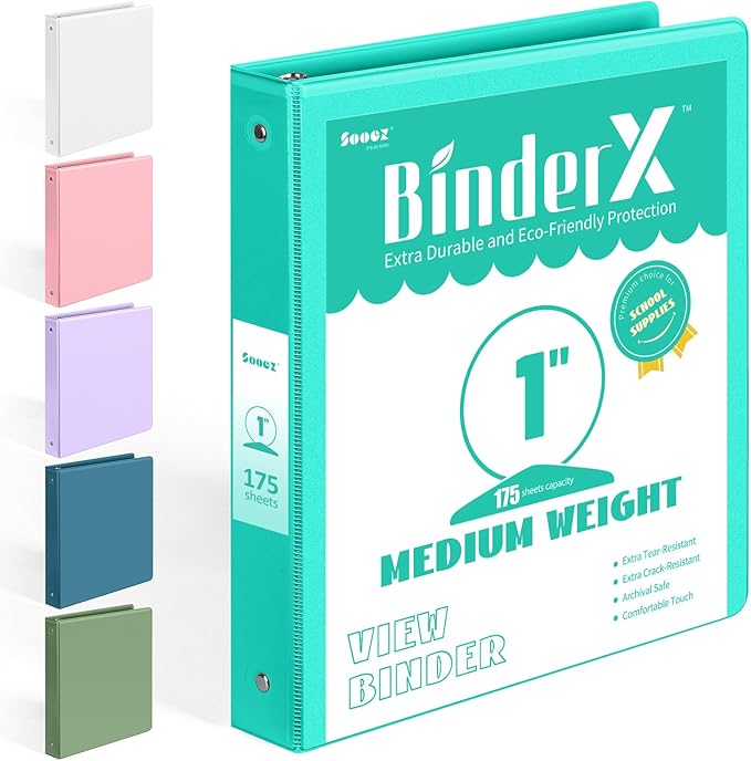 BinderX 3 Ring Binder 1 Inch, 1" Clear View Binder, Aqua Blue, Letter/ A4 | Extra Durable, PVC-Free, Customizable, Interior Pockets, 175-Sheet Capacity, Eco-Friendly, Reinforced Hinge, School, Office