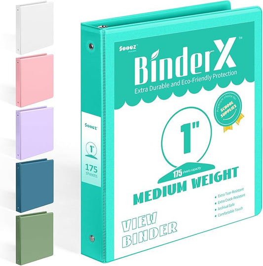 BinderX 3 Ring Binder 1 Inch, 1" Clear View Binder, Aqua Blue, Letter/ A4 | Extra Durable, PVC-Free, Customizable, Interior Pockets, 175-Sheet Capacity, Eco-Friendly, Reinforced Hinge, School, Office
