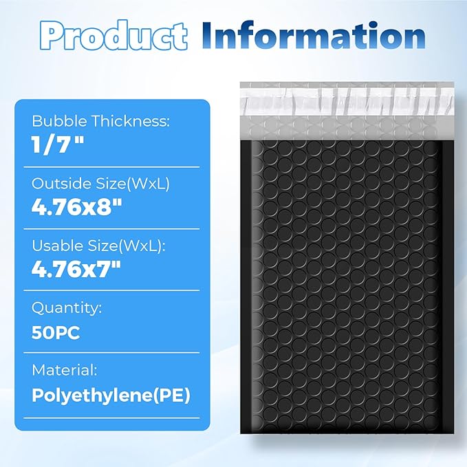 Metronic Bubble Mailers 4.76x8" 50 Pack Padded Envelopes with 1/7" Thickened Bubble Waterproof Mailing Envelopes Usable Size 4.76x7" Shipping Bag for Fragile Products, 4x7 Items,Small Business, Black