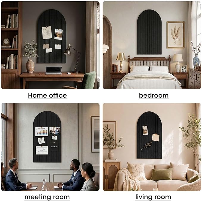 Arched Felt Bulletin Board 47" x 24", High Density Cork Board Alternative for Office & Wall Decor, DIY Corkboards for Wall with 30 Push Pins & 50 Adhesive Tabs, Picture-Board for Home (Black)