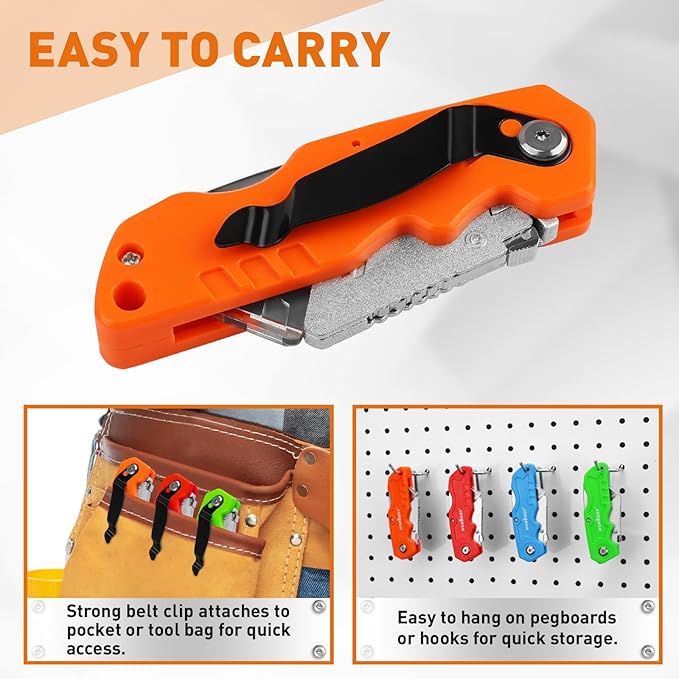 HORUSDY 4-Pack Folding Utility Knife Set, Heavy-Duty Box Cutters with 12 Extra Blades, Quick-Change Razor Knives with Color-Coded Handles (Green/Blue/Red/Orange) for Jobsite, Warehouse & Home Use