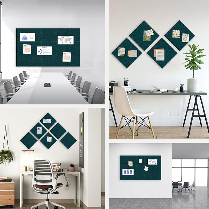 48" x 36" Large Felt Bulletin Board 1/2" Thick, Forest Green | 12 Pack Felt Tiles, Cork Board Alternative, 60 Adhesive Tabs, Pin Board for Home Office Decor with Easy Install