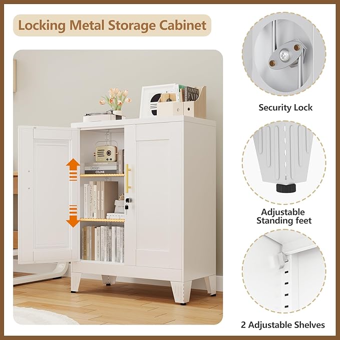 GAIOUS White Metal File Cabinet with Lock(Two Units), Steel Storage Cabient | with 2 Doors and 2 Adjustable Shelves, Multifunctional Locked Cabinet for Home/Office/Garage/Tool Room, Accent Furniture