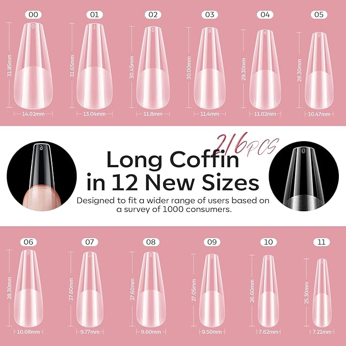 modelones X Nail Gel Kit Kit Long Coffin, 9-in-One Nail Glue with Portable U V Lamp 216Pcs 12Sizes Pre-Etched Press ons Fake Acrylic Extension Kit DIY Salon Gift for Women