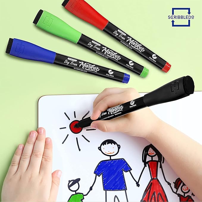 Scribbledo 4 Magnetic Dry Erase Markers Fine Tip Assorted Classic Colors Low Odor Whiteboard Markers with Eraser Cap Thin Skinny White Board Markers for Adults Students Teachers Art Home & School