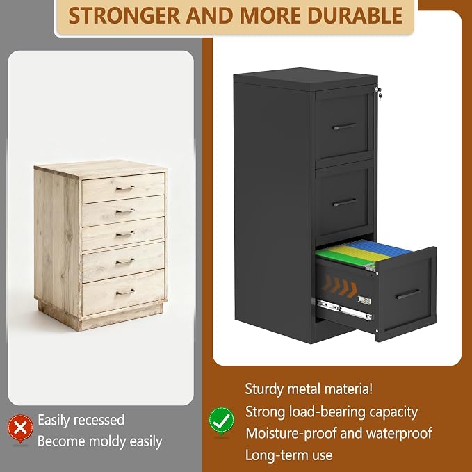 3 Drawer Metal File Cabinet with Lock,Narrow Vertical Filing Storage Cabinets,Steel File Organization for Legal/Letter/A4/F4 Size with Hanging Files,Lockable File Folders for Home Office, Black