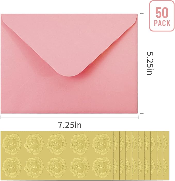 50 PCS Pink Colorful A7 Envelopes with Stickers, 5x7 Envelopes for Greeting Cards, Great for Invitations, Wedding Invitation, Birthday, Baby Shower, Graduation