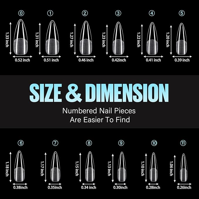 TOMICCA Long Stiletto Nail Tips 504pcs, Soft Acrylic Long Almond Nail Tips Pre Etched Clear Fake Nails Tips Almond Shape Half Matte, Full Cover Nail Extension for Beginner and Professional 12 Sizes