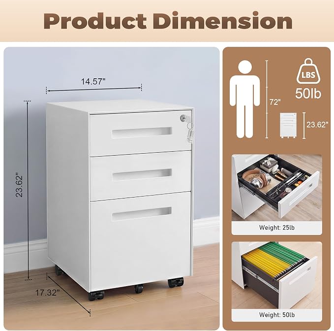 Approgreent Fully Assembled Home Office Filing Cabinet with Lock | Mobile File Cabinet with Anti-tipping Wheels, Fits A4, Letter & Legal Size Files & Folders, Matte White