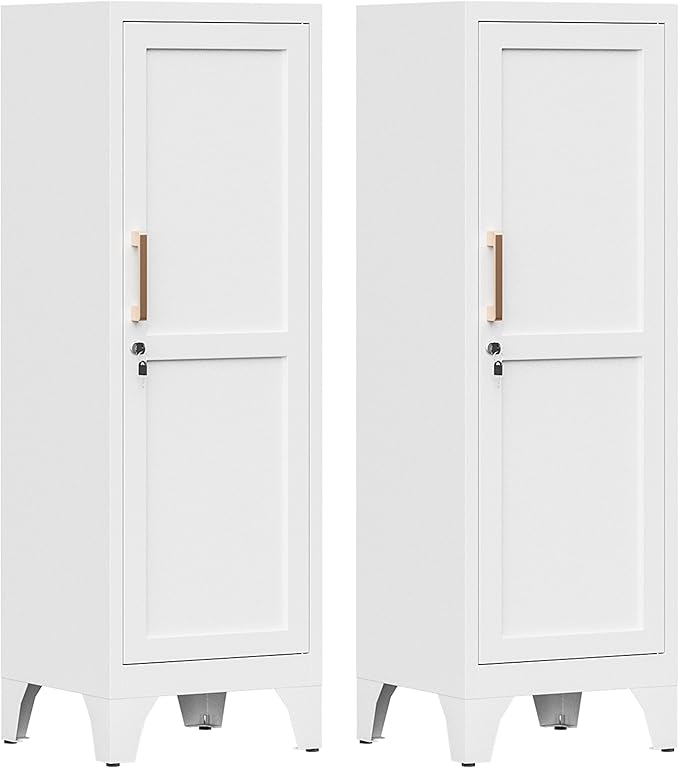 46"H White Metal Locker Set of 2,Small Locking Cabinet with 1 Door and 2 Adjustable Shelves For Employees,3 Tier Small Storage Cabinet with Detachable Legs for Kitchen, Office,School,Gym,Easy Assembly
