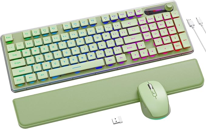 Wireless Keyboard and Mouse Combo - 9 Backlit Effects, Wrist Rest, Double-Shot Keycaps, Metal Panel, Long-Lasting Rechargeable, 2.4G Keyboard Mouse Set for Windows Mac PC Laptop – Sablute (Green)
