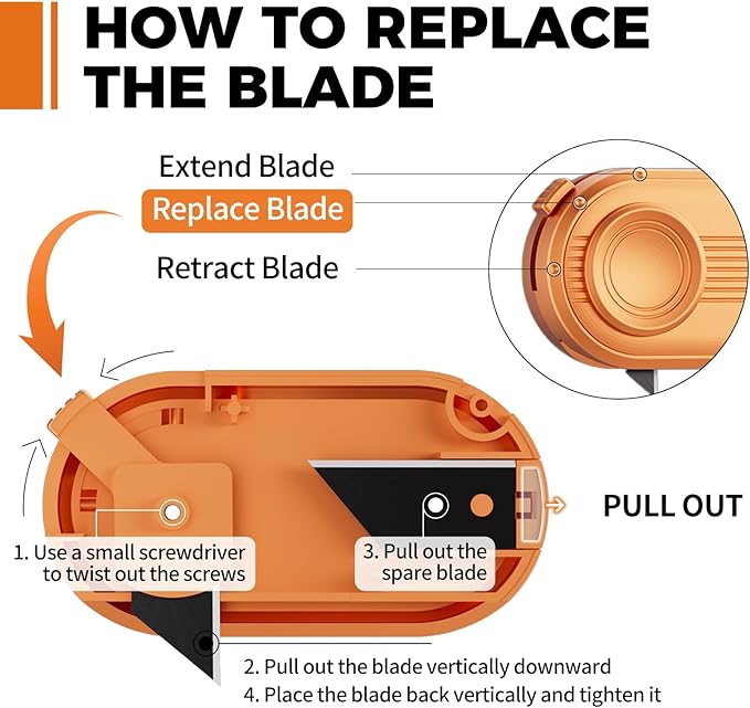 Mini Box Cutter Safety Package Opener with Right-Angle Blade Compact Box Opener Includes High Carbon Steel Spare Blades for Cardboard Boxes Mail Shipping Packages Orange