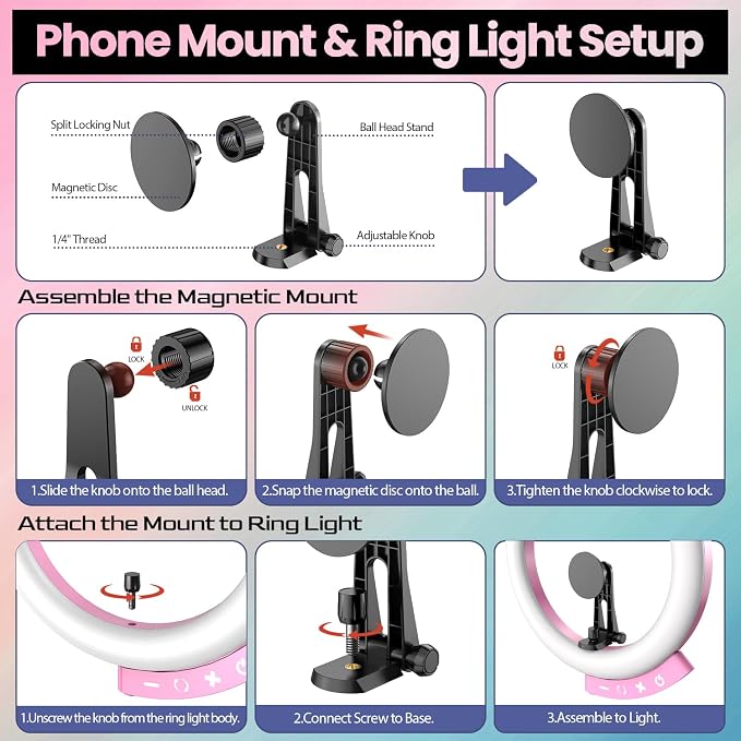 UBeesize 12'' LED Ring Light with 62'' Tripod Stand and Magnetic Phone Holder, Selfie Ring Light for Video Recording, Live Streaming, Compatible with iPhone & Android (Pink)