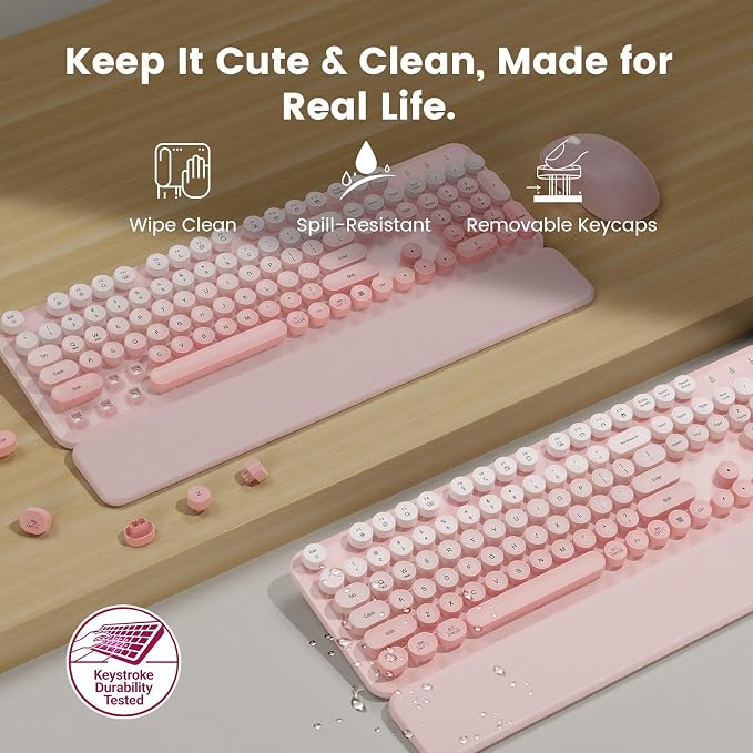 Wireless Keyboard and Mouse Combo, Magnetic Soft-Touch Wrist Rest, Pink | Round Keycaps, Full-Size Typewriter Style, 2.4GHz Cordless for MacOS, Windows PC, Laptop, Blush Pink Ombre, SABLUTE CK23 Plus
