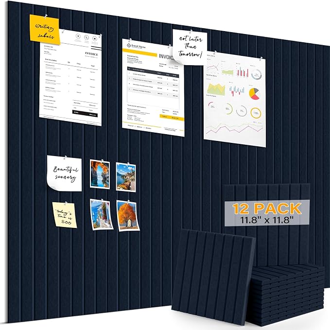 Felt Bulletin Board,47.2"x35.4" 12 Pack Cork Board Alternative Navy Blue | Large Felt Wall Tiles for Office & Home Decor,Pin Board for Walls with 30 Pcs Pushpins and 72 Adhesive Tabs
