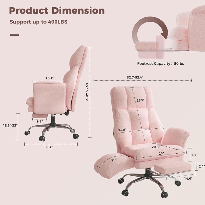 Big and Tall Office Chair, Flip Armrests for Pets & Cross Legged Sitting | Executive Ergonomic Computer Gaming Chair with Foot Rest, Teddy Fleece Wide Seat Reclining Desk Chair, Pink
