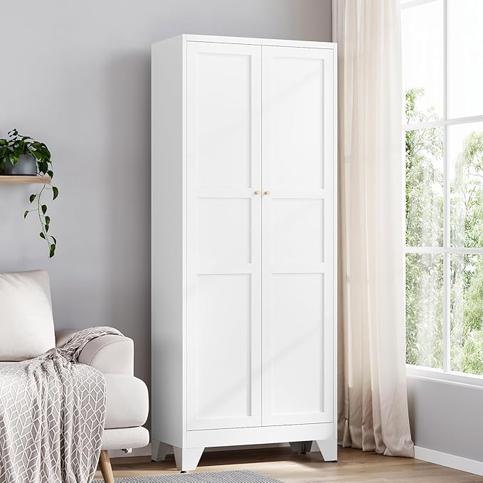 Yizosh Metal Pantry Cabinet,- 72" White Kitchen Pantry Storage Cabinet with Doos and Adjustable Shelves for Kitchen, Living Room,Dining Room,Home