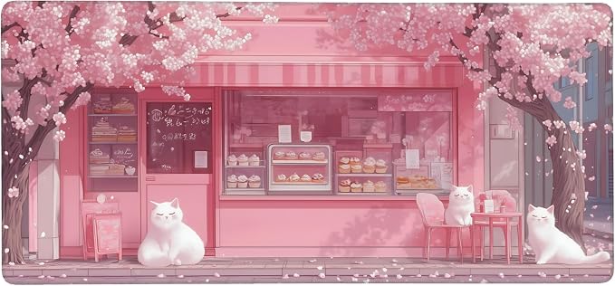 Cute Anime White Cat Gaming Mouse Pad, Pink Warm Healing Desk Mat with Anti-Slip Base & Stitched Edges,35.4" x 15.7" in Desk Accessories for Women, Home Office Decor & Artistic Gift