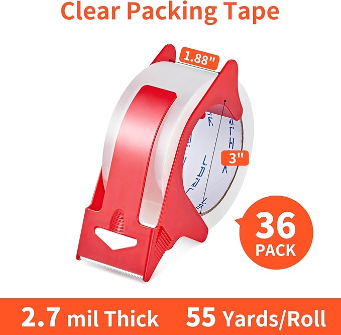 JARLINK 36 Rolls Clear Packing Tape with 2 Dispensers, Heavy Duty Packaging Tape Refills for Shipping Packaging Mailing, 2.7mil Thick, 1.88 inches Wide, 55 Yards Per Roll, 1980 Total Yards