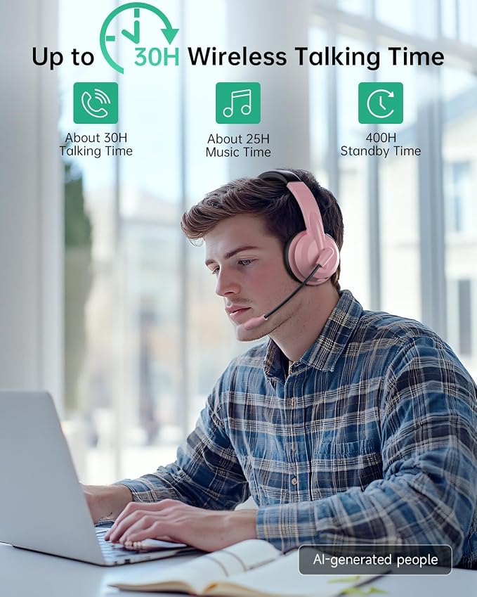 AOC Wireless Headset with Mic for Work, AI Noise Cancelling, Bluetooth | AI Noise Cancelling Mic, Bluetooth 5.3, USB-A/C Dongle Included, Mic Mute, Compatible with PC, Laptop & iPhone