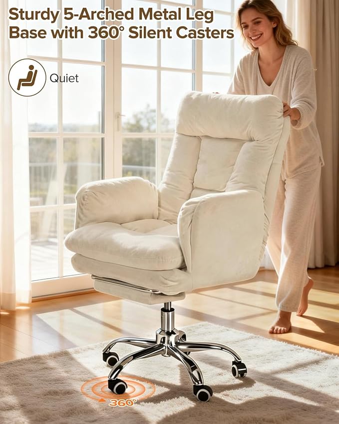 Multifunctional Big and Tall Office Chair with Flip-Up Armrests & Footrest | 180° Reclining Comfy Computer Gaming Chair for Pets & Cross-Leg Sitting, Ergonomic Desk Chair for Work, Gaming & Nap, White