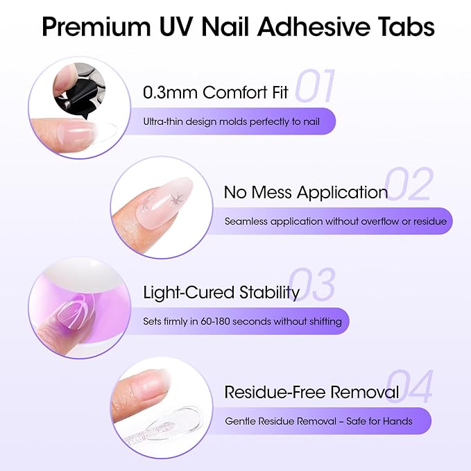 Gellen 15 Sheets Nail Adhesive Tabs, 360Pcs UV Nail Glue Stickers for Press On & False Tips, Curing Needed Double Sided Jelly Glue Stickers, Waterproof & Breathable Sticky Tabs, 12 Sizes