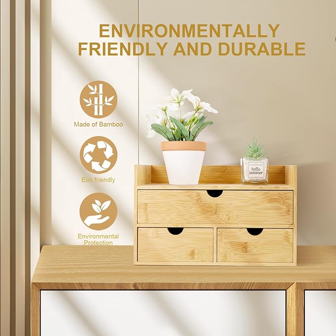 Bamboo Desk Organizer With Drawers Countertop Drawers Counter Storage Box Corner Desk Organizer for Home Office No Assembly Required (3 Drawers with shelf)