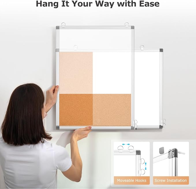 Magnetic Dry Erase White Board Cork Board Combo for Wall with Accessories | 36"x24" Vision Board Manifestation Whiteboard Corkboard Combination Aluminum Frame Home Office School Supplies ADHD Planner