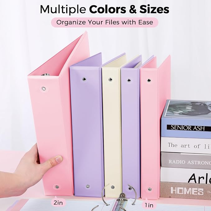 SKYDUE 1 Inch 3 Ring Binder with 8 Tab Dividers & 24 Labels, Pastel Binder Organizer for Letter Size Paper, Aesthetic School Binder for Notes, Documents, Office & Home Organization, Pink