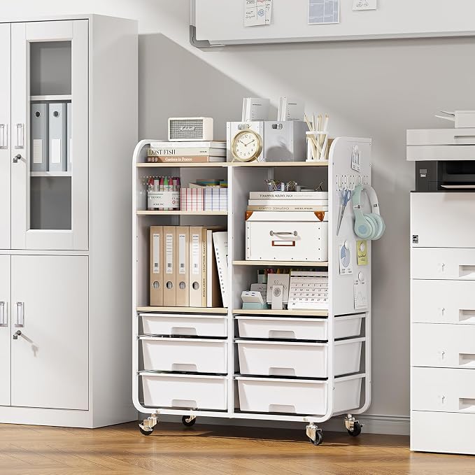 6 Drawers Rolling Storage Cabinet with Wood Top& Pegboards White | Utility Craft Cart with Adjustable Shelves & Lockable Wheels for Classroom, Home Office & Art Studio, Household Organization