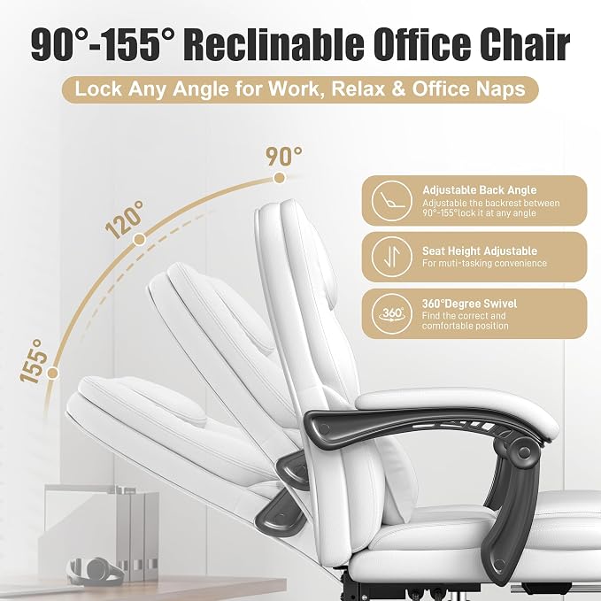 Ergonomic Office Chair with Foot Rest, 300 lbs Executive Leather Desk Chair | 90°-155° Reclining Computer Chair with Lumbar Support and Armrests, Adjustable Height Swivel Chair for Home Office Desk White
