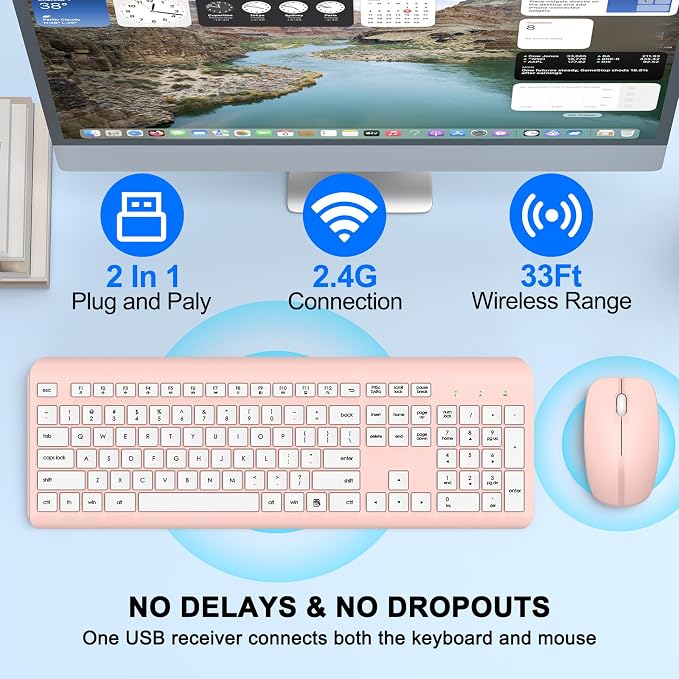Wireless Keyboard and Mouse Combo, Full-Size Silent Ergonomic Keyboard and Optical Mouse, Long Battery Life, 2.4G Lag-Free Mice Keyboard for Computer,Mac,Laptop,PC,Windows(White Pink)
