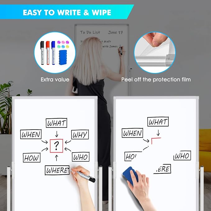 Rolling Whiteboard on Wheels 40" x 24" Aluminum Frame | Magnetic Mobile White Board, Double Sided Dry Erase Easel with Stand. Ideal for Home School, Office and Classroom