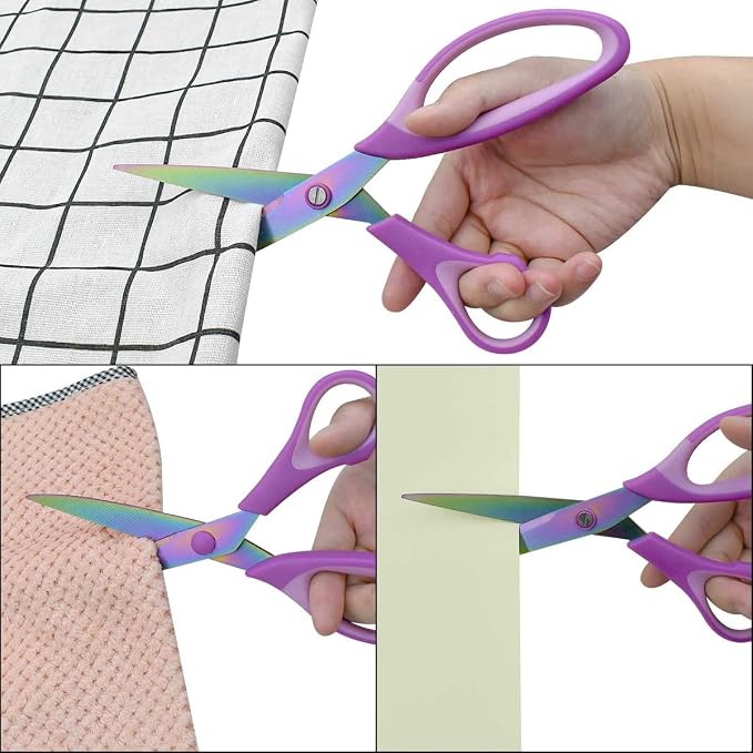 Craft Stainless Steel Titanium Coating Scissors Set of 3 - Multipurpose Fabric Scissors, Soft Grip Handle, Sharp Titanium Blades - Great for Office, Home, School (Purple)